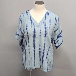J Jill Top Shirt Plus Size 3X Blue Tie Dye Cotton V Neck Boxy Lagenlook Coastal